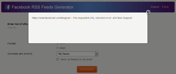 facebook rss generator error message