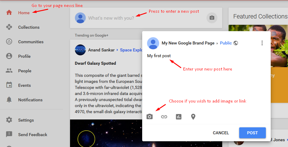 add new post to Google+ page